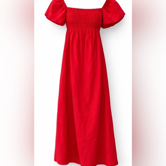 Kourt Dresses & Skirts - Red Smocked Maxi Dress Linen Blend Puff Sleeve Cottagecore M Kourt